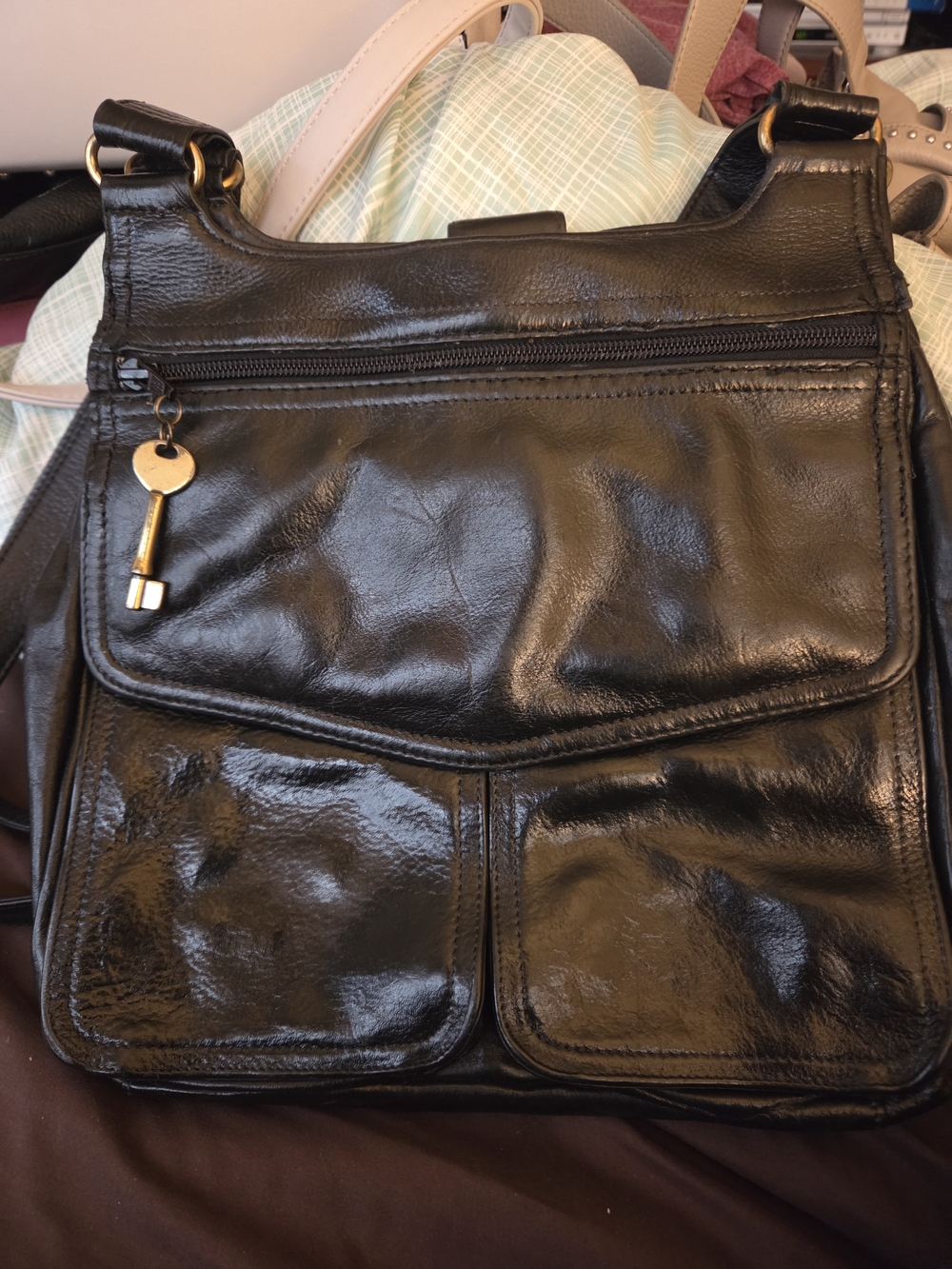 Fossil Black Leather Shoulder Bag with Key Charm